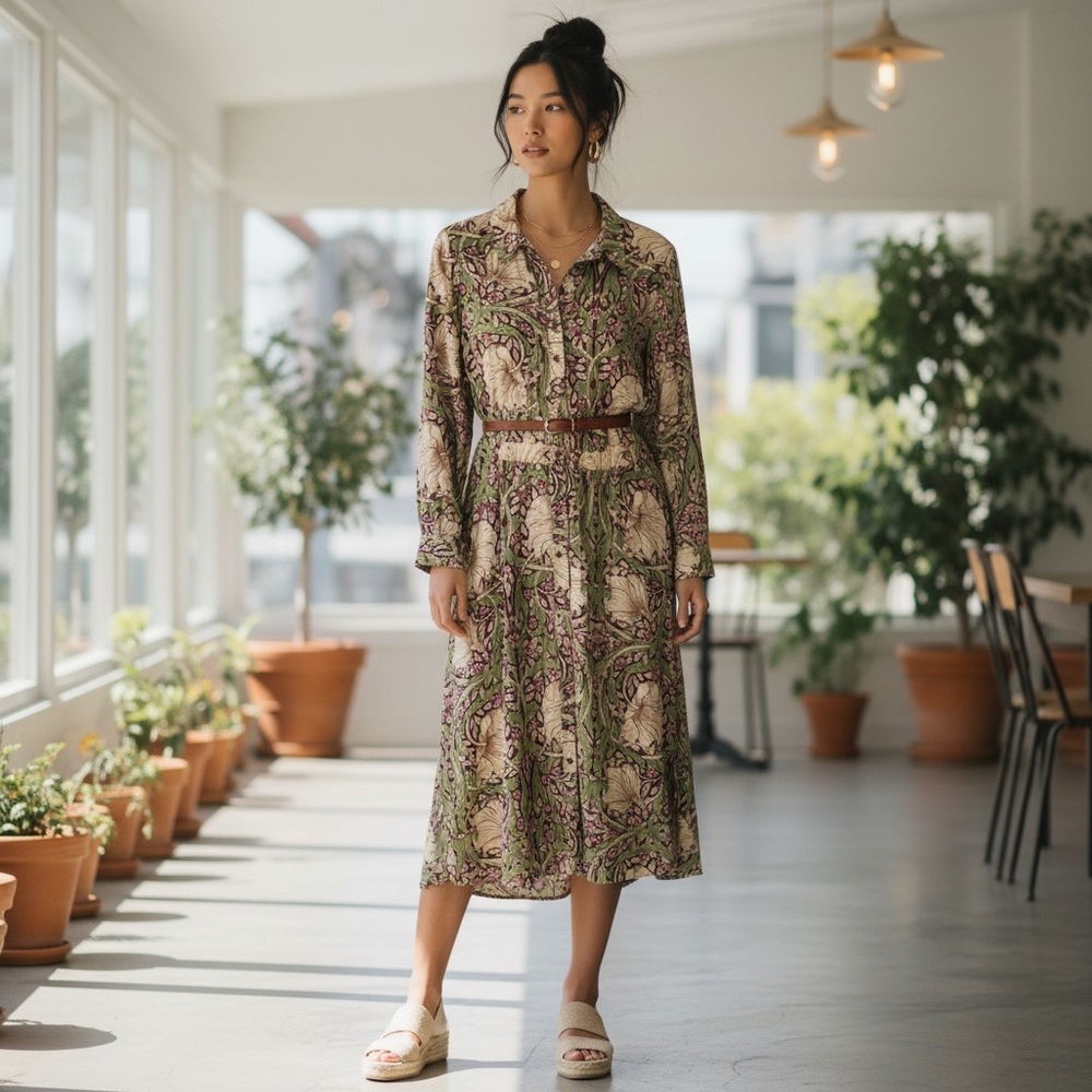 H&M Green and Cream Long Sleeve Paisley Shirt Dress